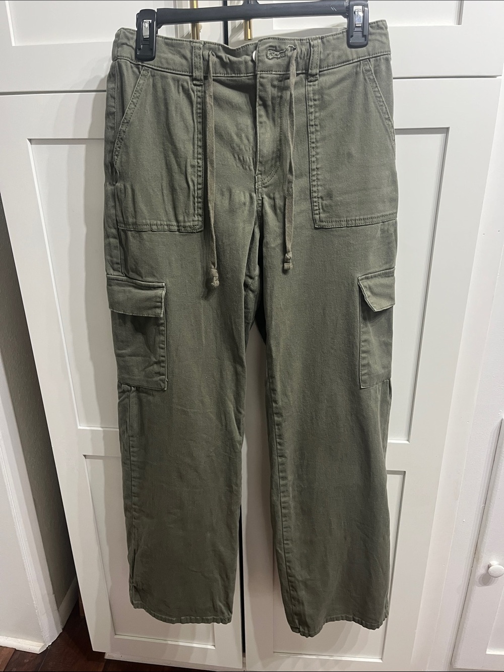 Re Generation Wide Leg Cargo Pants in Olive Green with Drawstring Waist